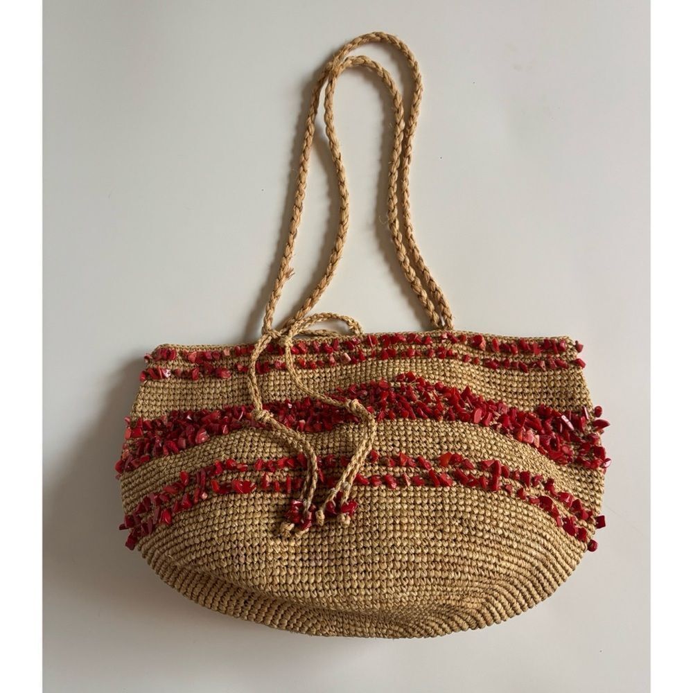 Vintage 80’s J. Crew Straw Hobo Bag with Natural Coral Stones ~ Excellent